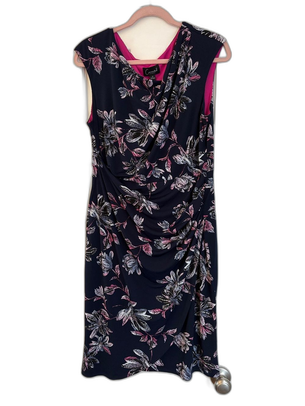 Connected Apparel Navy Floral Cap Sleeve Sheath Dress Pink Cream Size 14